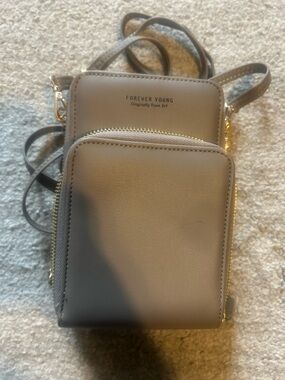 Forever Young Taupe Gray Crossbody Phone Pouch with Gold Hardware